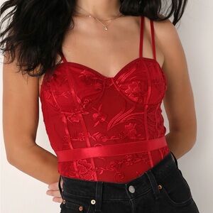 Lulus Sultry Scenario Wine Red Lace Bustier Bodysuit Size L